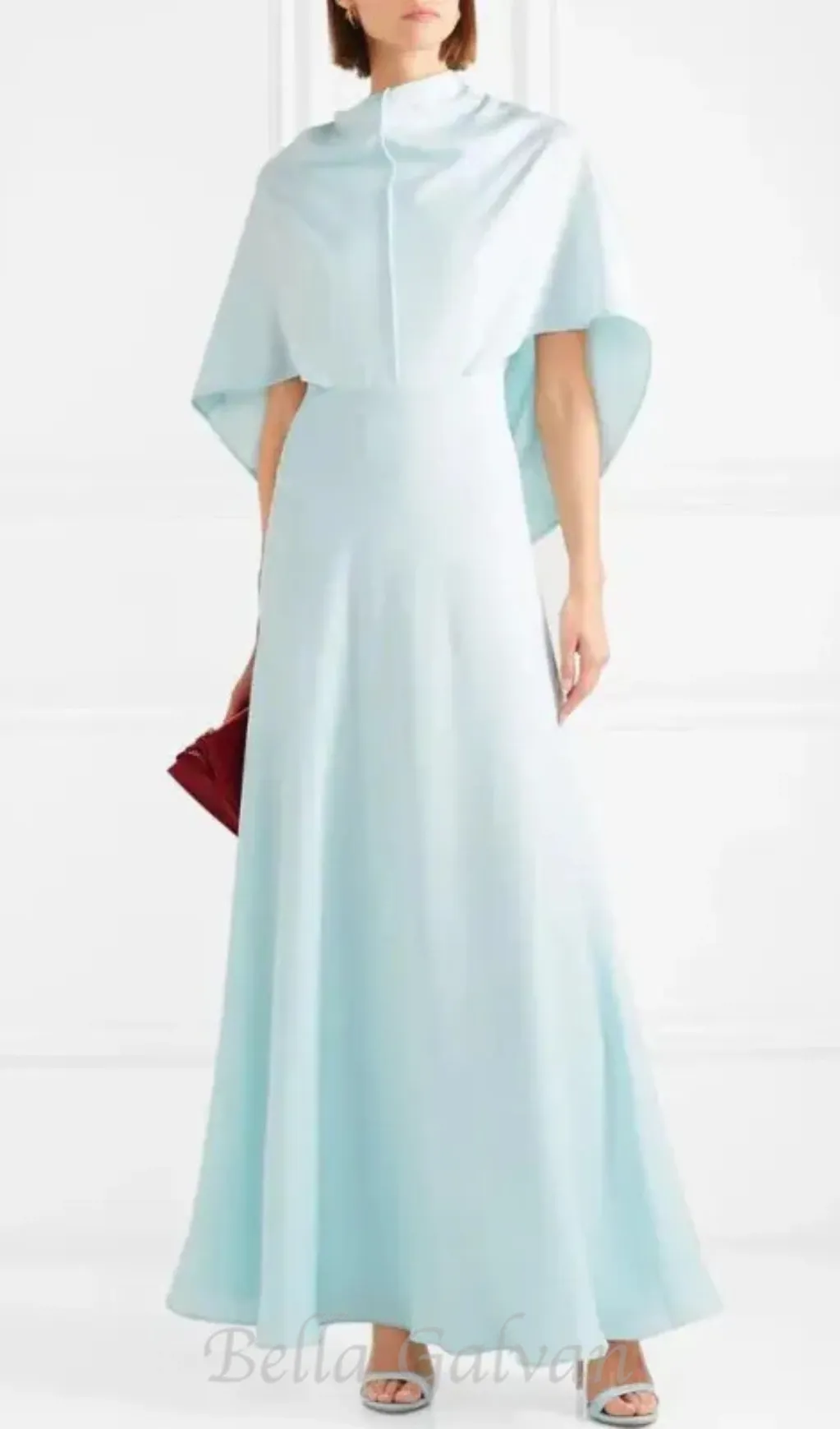 Glossy Silk Twill Satin Cape Maxi Dress in pale blue Flowering Girl