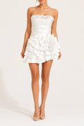 Strapless 3D Floral Satin Mini Dress In White Flowering Girl