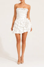 Strapless 3D Floral Satin Mini Dress In White Flowering Girl