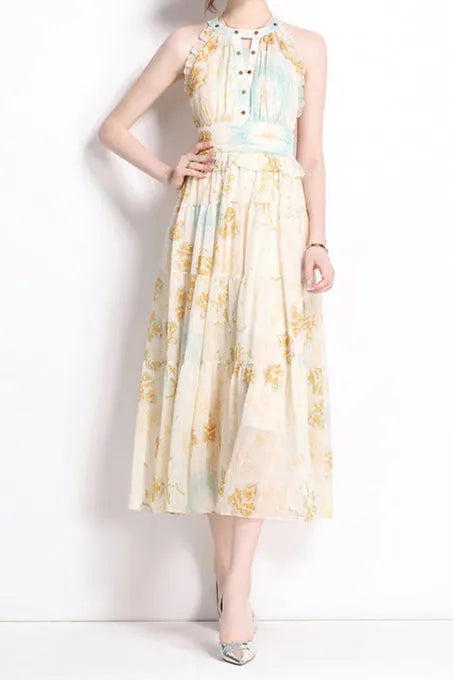 elvira print sleeveless halterneck midi dress in yellow Flowering Girl