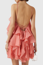 Lorraine Halter Floral Ruffle Layered Mini Dress In Orange Flowering Girl