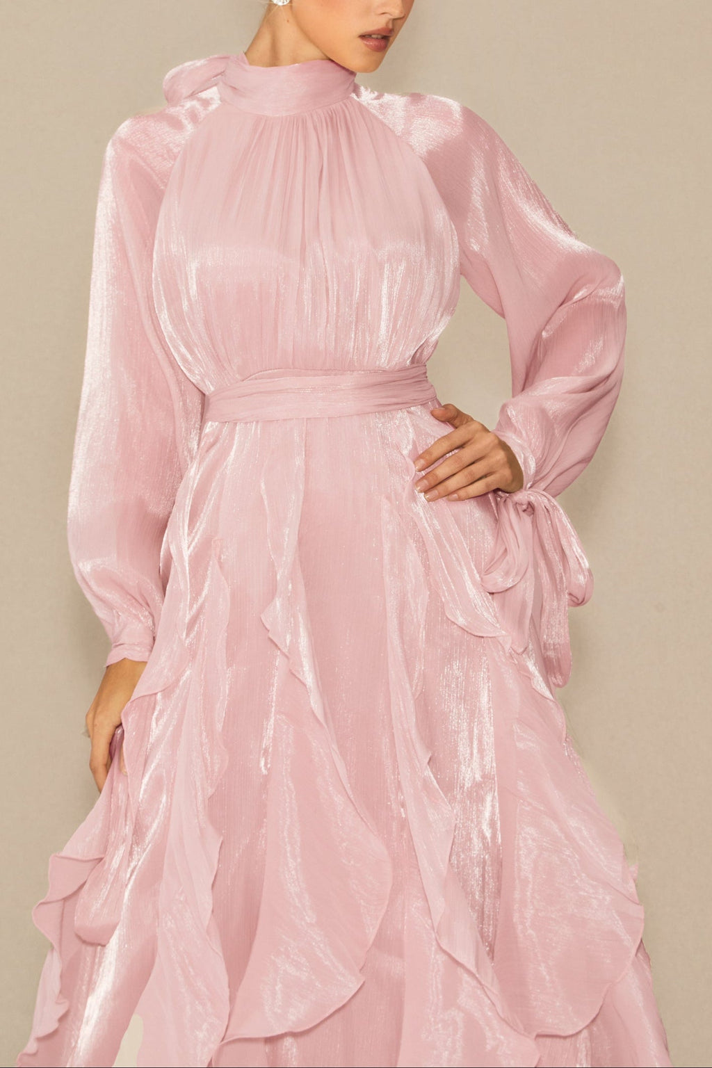 Pandora Puff Sleeve Ruffle Trim Maxi Dress In Pink Flowering Girl