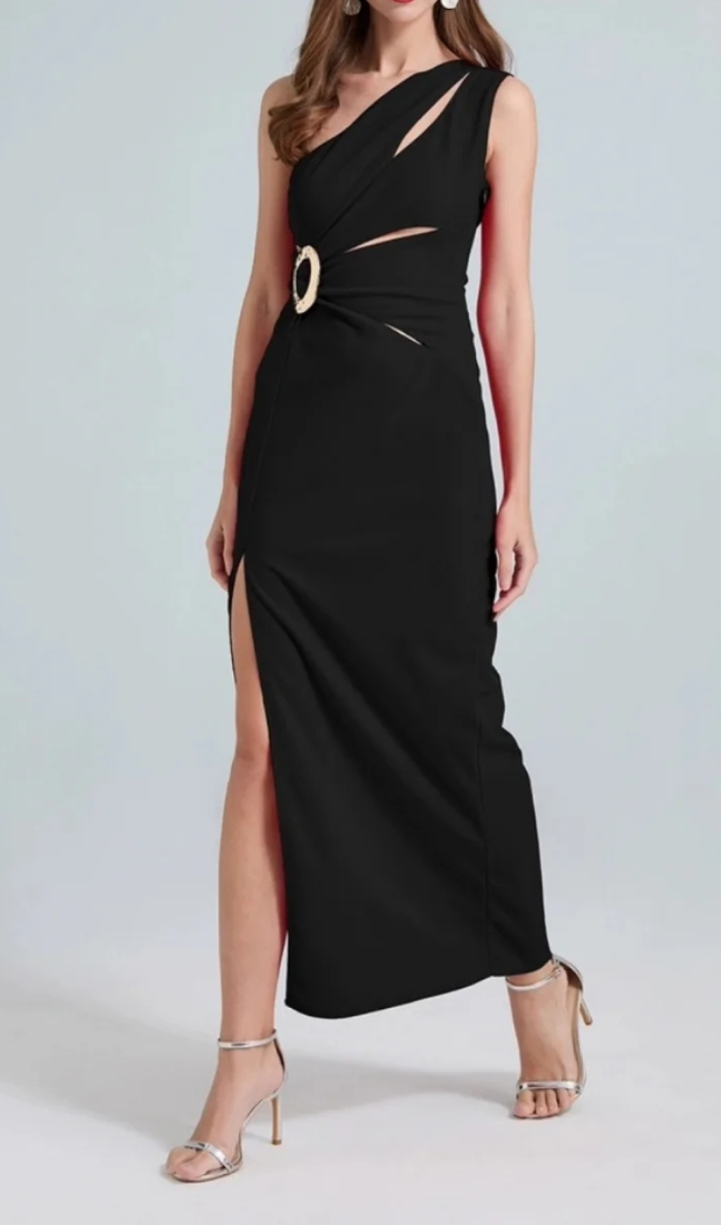 One-Shoulder Cutout Side Slit Maxi Dress In Black Flowering Girl