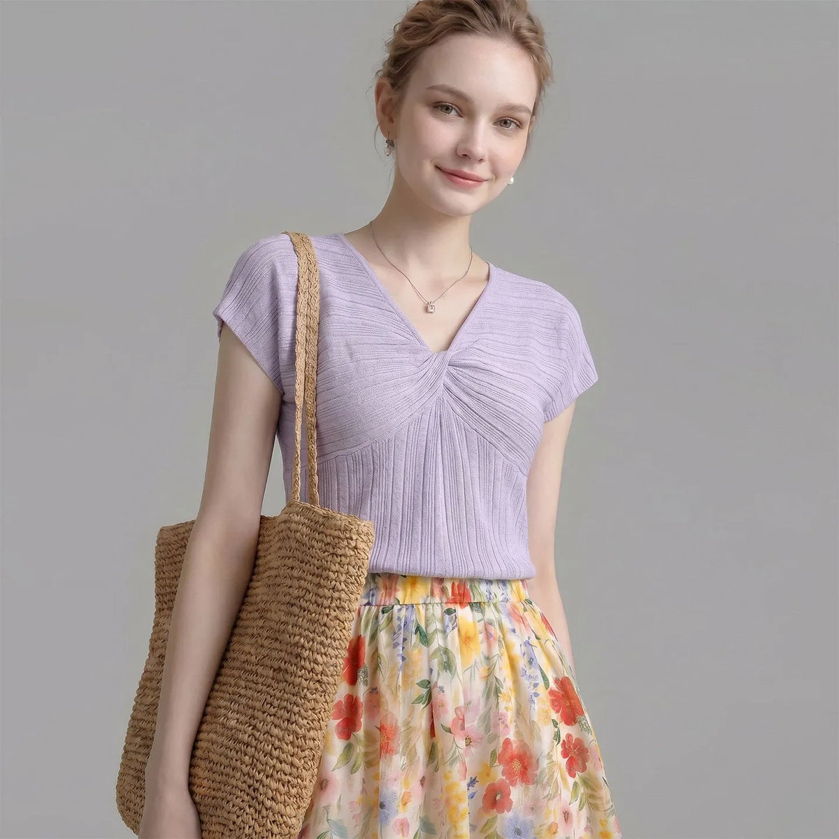Front Twist V Neck Cap Sleeve Textured Knit Top Flowering Girl