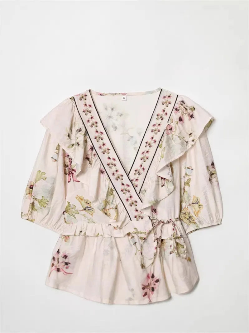 V-Neck Linen Blend Floral Shirt Flowering Girl