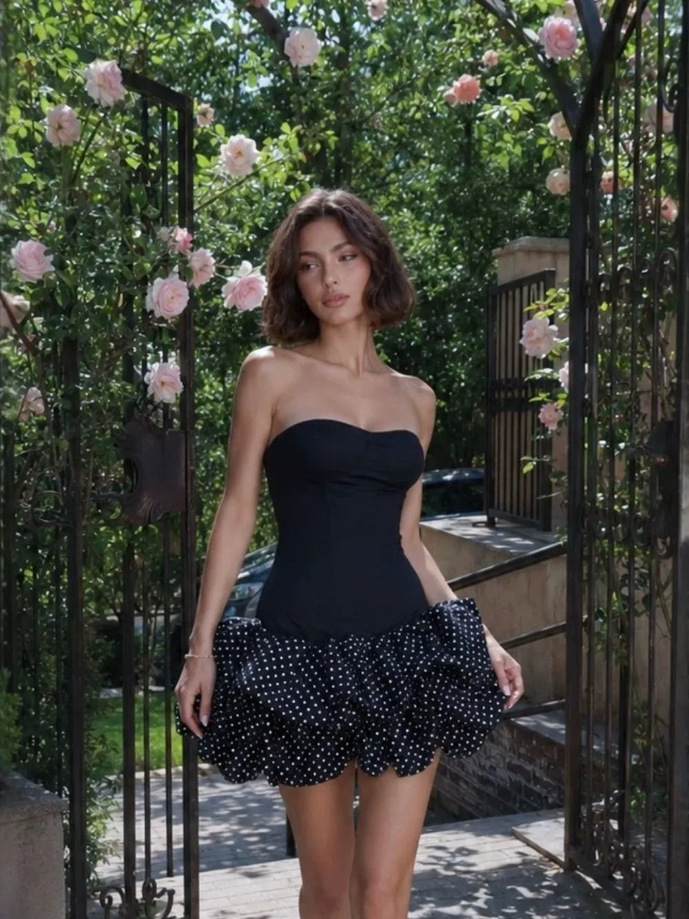 Maleni Black Strapless Bustier Polka Dot Bubble Dress Flowering Girl
