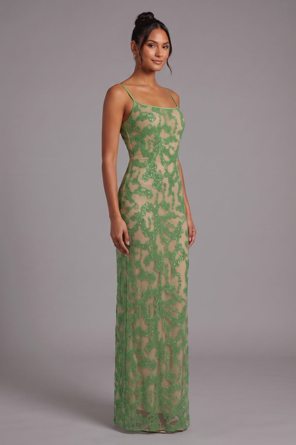 Green Lace Column Gown Flowering Girl