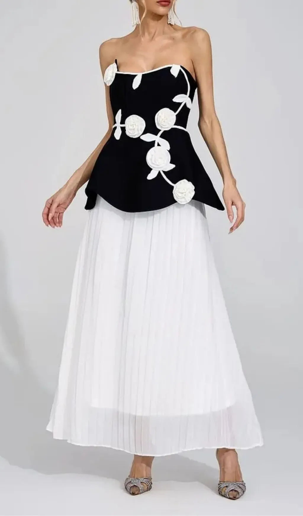 Mignon Black White Floral Strapless Maxi Dress Flowering Girl