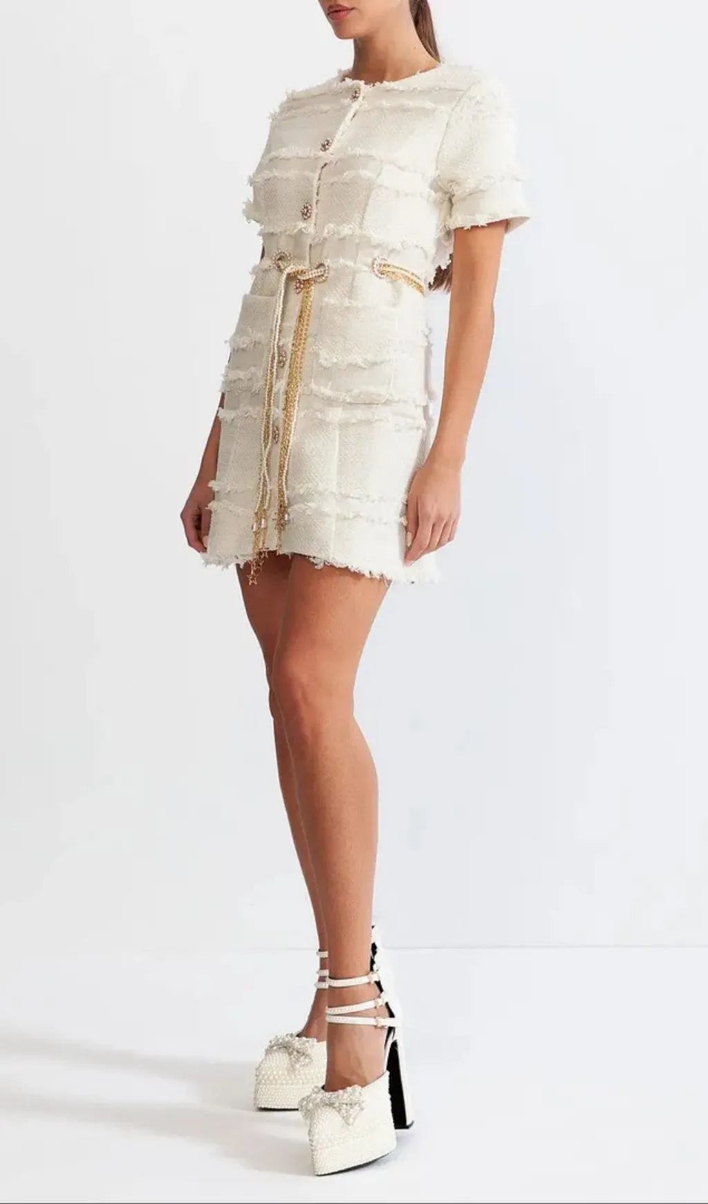 Marguerite Pearl Chain Tweed Mini Dress - Beige Flowering Girl