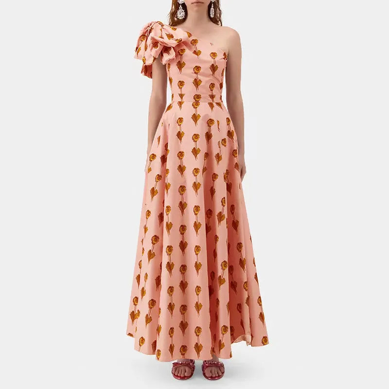 Pink Printed Bows Slanted Shoulders Dress Flowering Girl