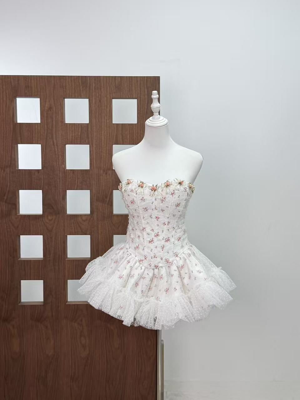 Irene Floral Print Strapless Tulle Mini Dress In White Flowering Girl