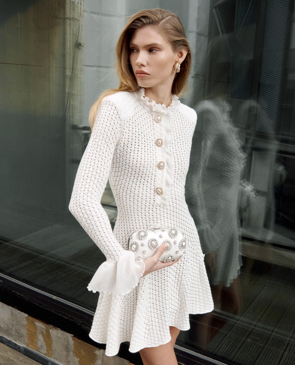 Lauren Lantern Sleeve Pointelle Knit Mini Dress In White Flowering Girl