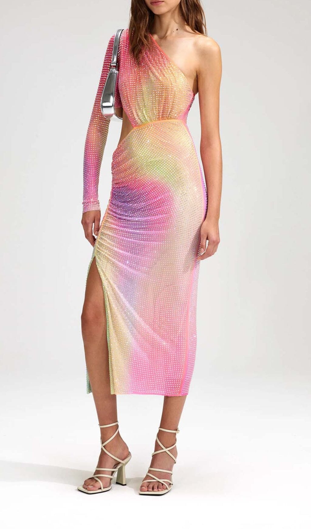 Mesh Rhinestone One Shoulder Midi Dress In Cotton Candy Flowering Girl