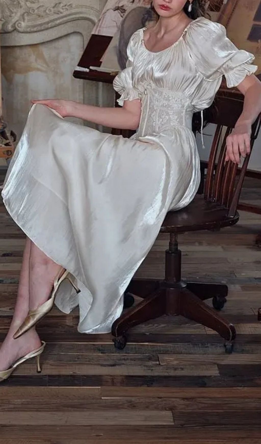 Square Neck Puff Sleeve Lace Satin Maxi Dress Flowering Girl