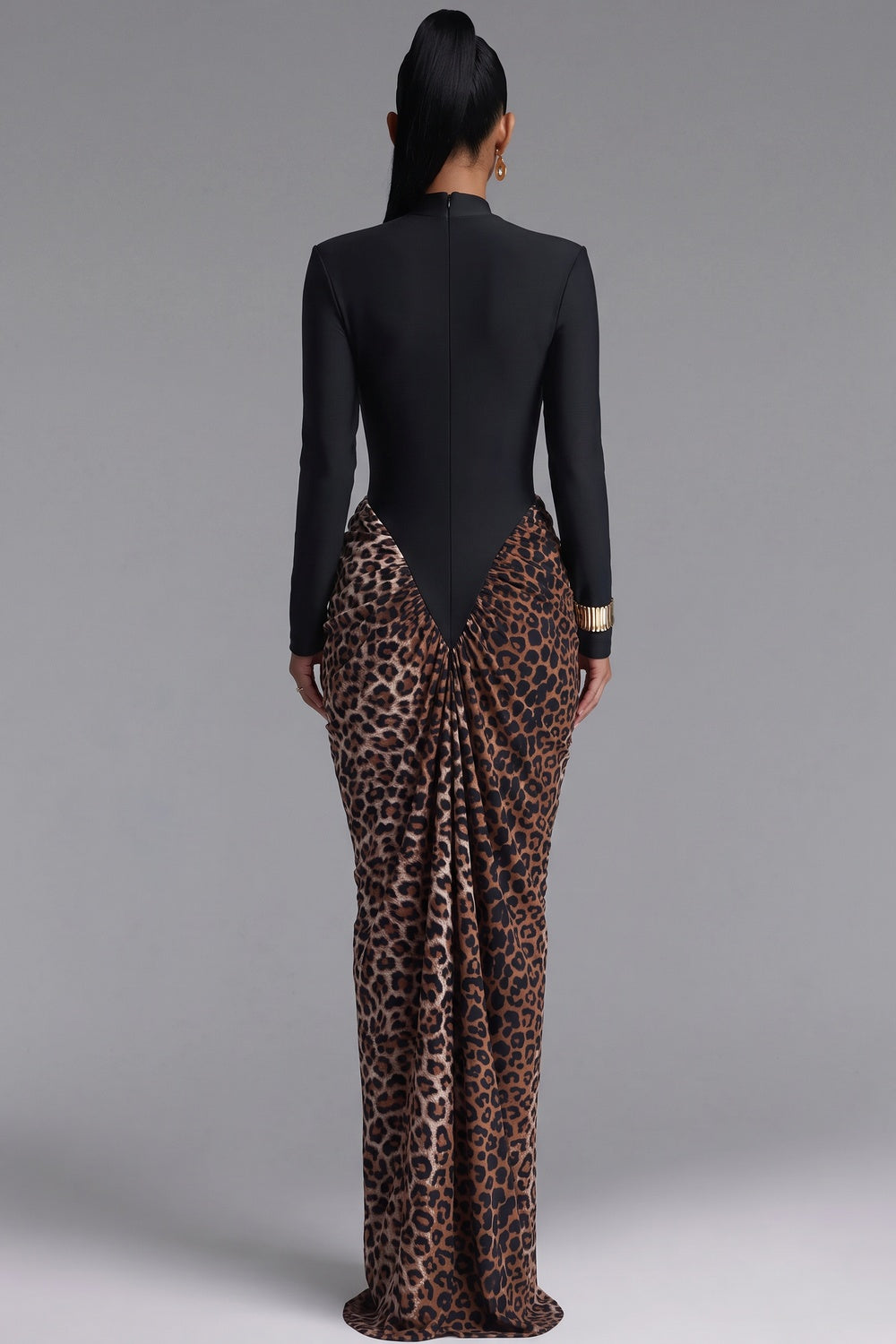 Black Matte Stretch Knit Maxi Dress with Leopard Print Draped Skirt Flowering Girl