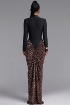 Black Matte Stretch Knit Maxi Dress with Leopard Print Draped Skirt Flowering Girl