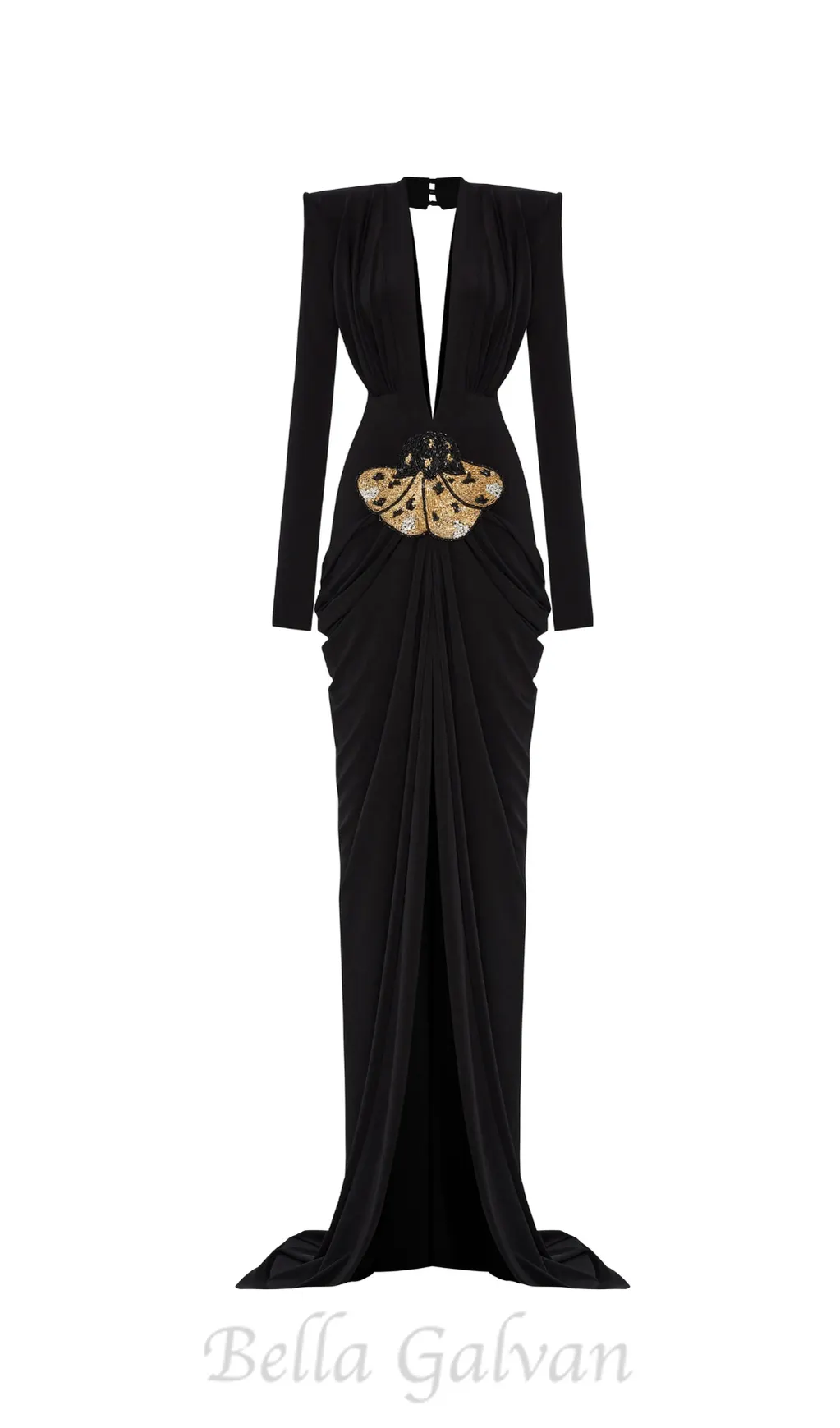 Black Stretchy Gold Flower Embroidered V-Neck Long Sleeved Maxi Dress Flowering Girl