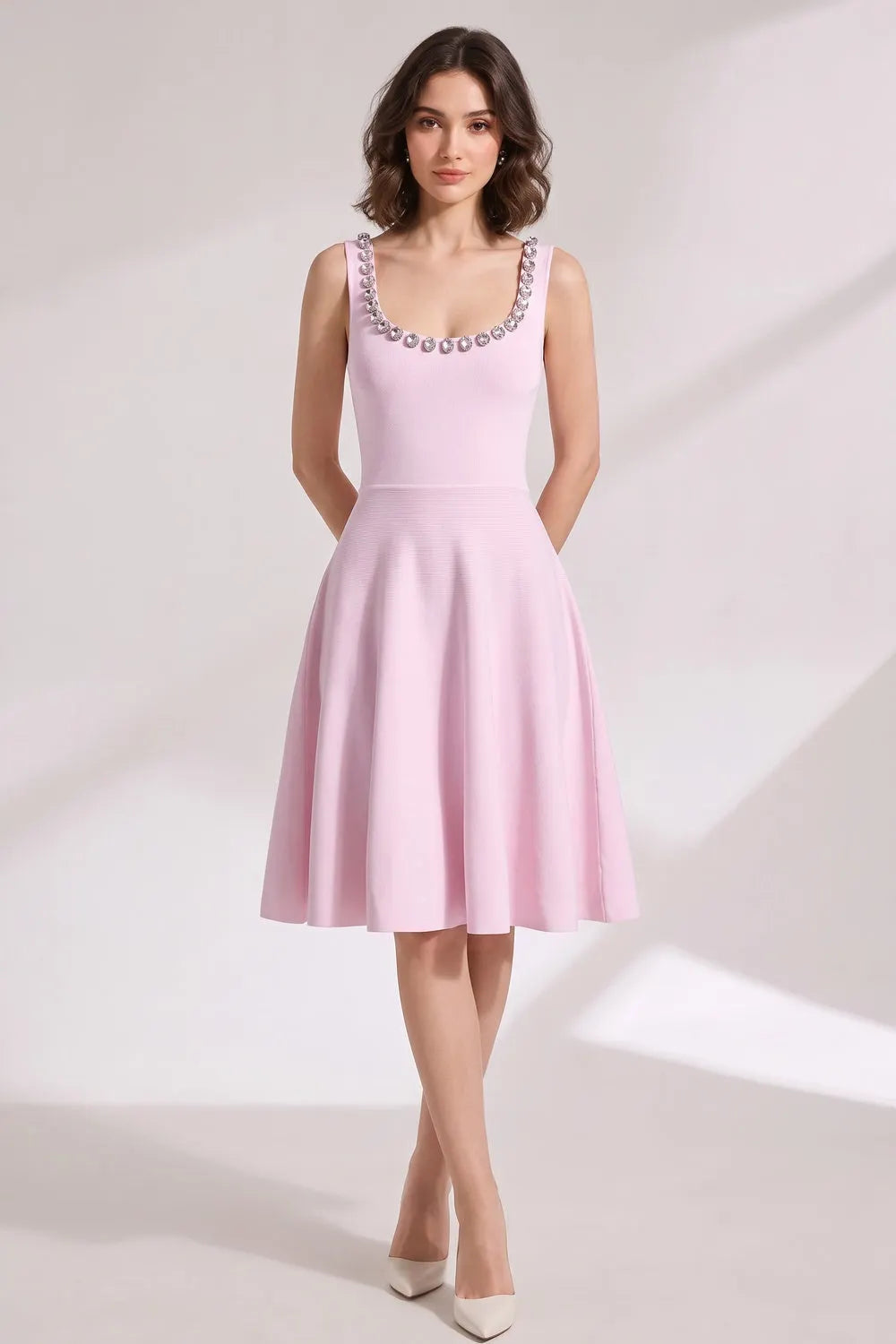 Light Pink Heavy Stretch Knit Fit-And-Flare Dress Flowering Girl
