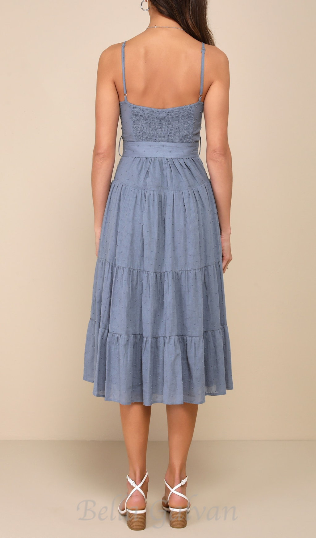 slate blue swiss dot bustier tiered midi dress Flowering Girl