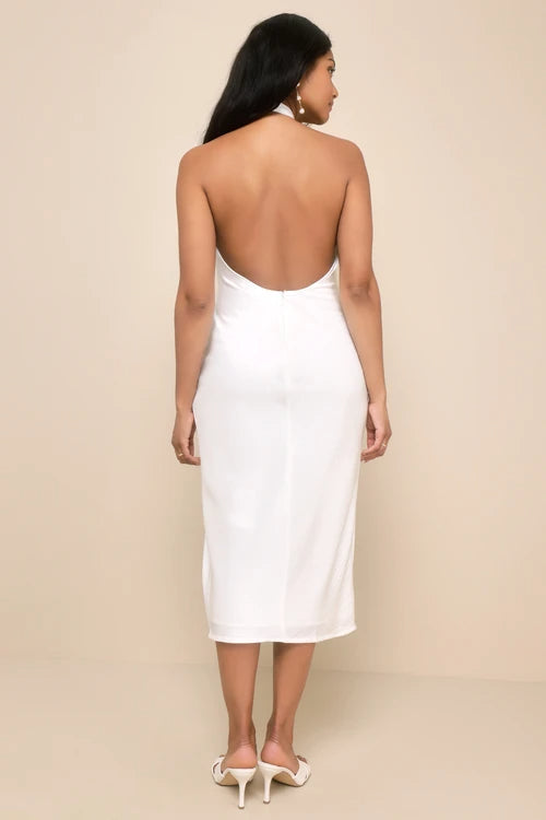 Beyond Classy White Satin Halter Midi Dress Flowering Girl