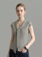 Houndstooth Lapel Tie Neck Cap Sleeve Slim Blouse Flowering Girl