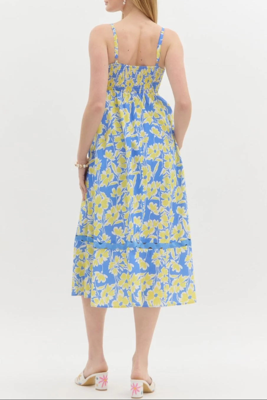 Wallis Floral Print Hollow Midi Dress In Blue Flowering Girl