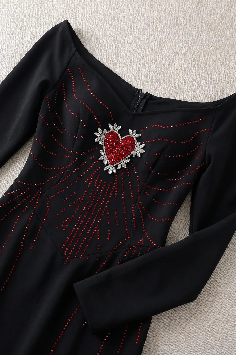 Black Heavy Stretch Crepe Column Gown with Rhinestone Heart Embellishment Flowering Girl