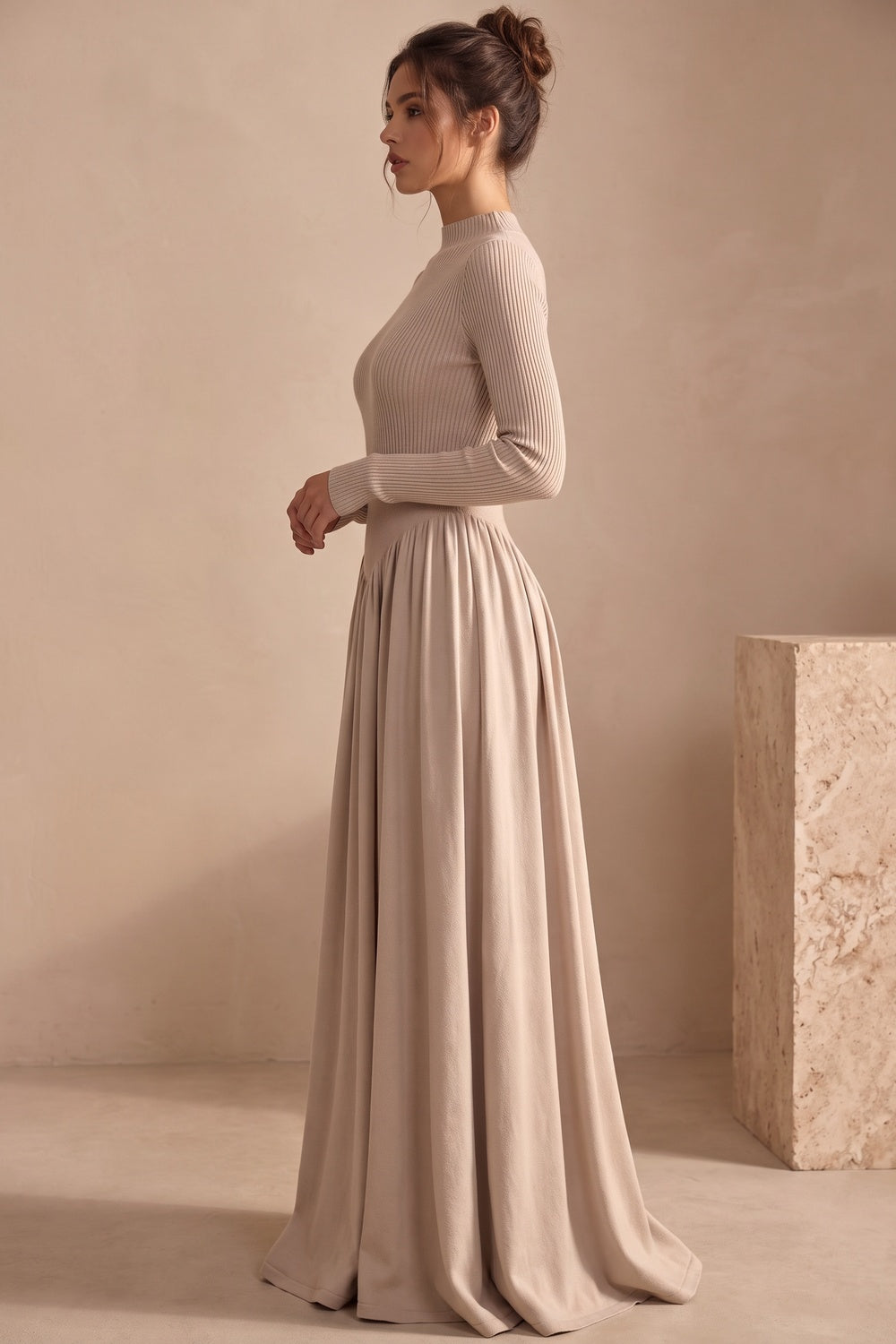 Beige Ribbed Knit Maxi Dress Flowering Girl