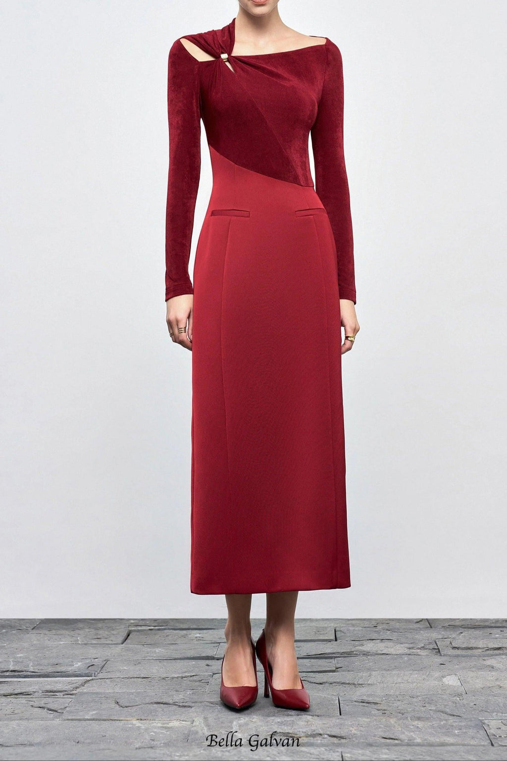Eleanor Sheath Asymmetric Neck Taffeta Midi Dress in red Flowering Girl