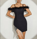 Feather Strap Diamond Chain Mini Dress In Black Flowering Girl