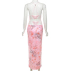 Printed Strappy Butterfly Backless Plunge Sheath Slip Maxi Dress Flowering Girl