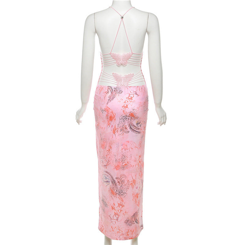 Printed Strappy Butterfly Backless Plunge Sheath Slip Maxi Dress Flowering Girl