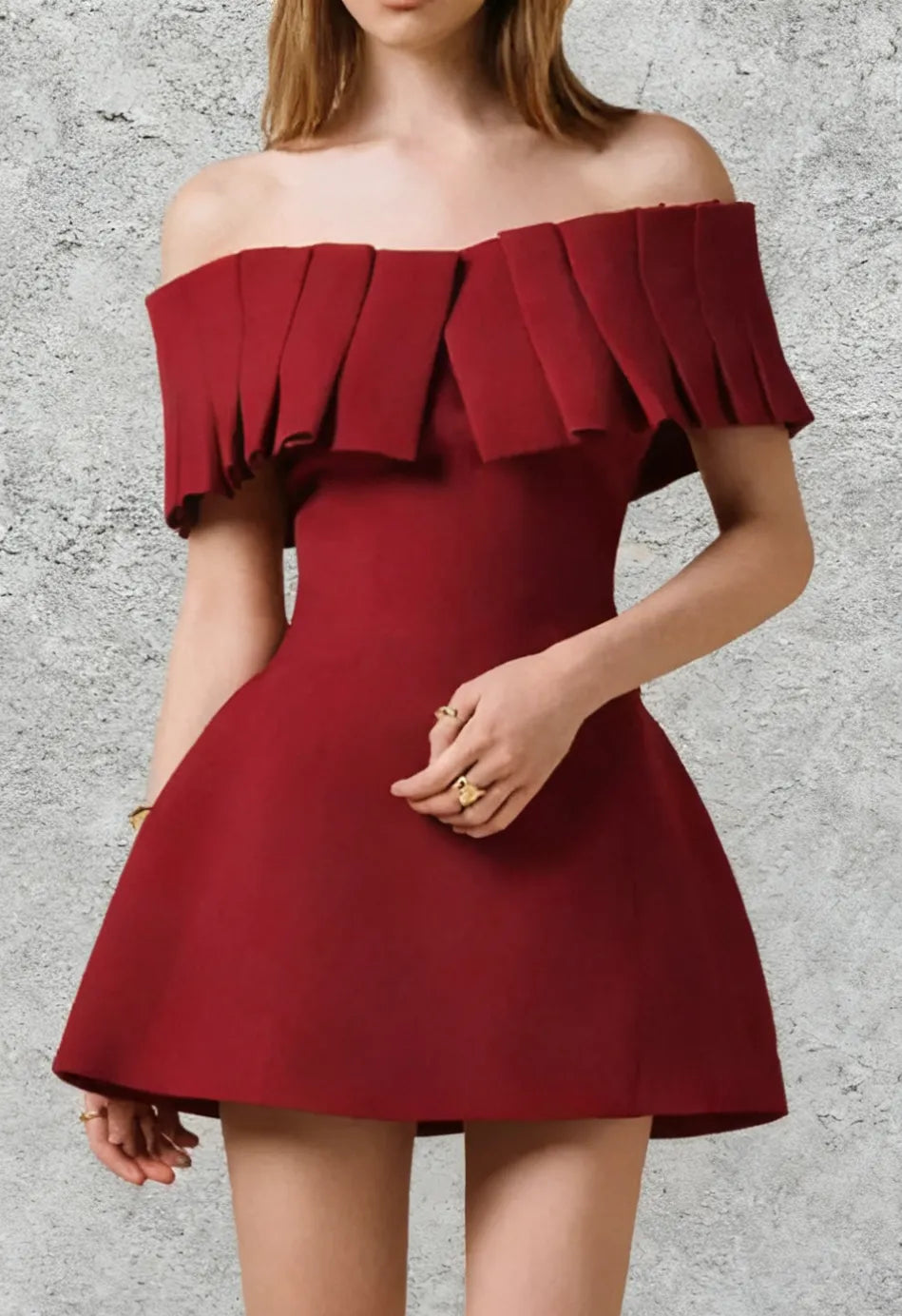 Marcia Off-Shoulder Pleated Mini Dress In Red Flowering Girl