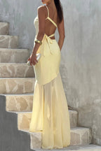 Lace-Up Beveled Back Satin Maxi Dress In Lemon Yellow Flowering Girl