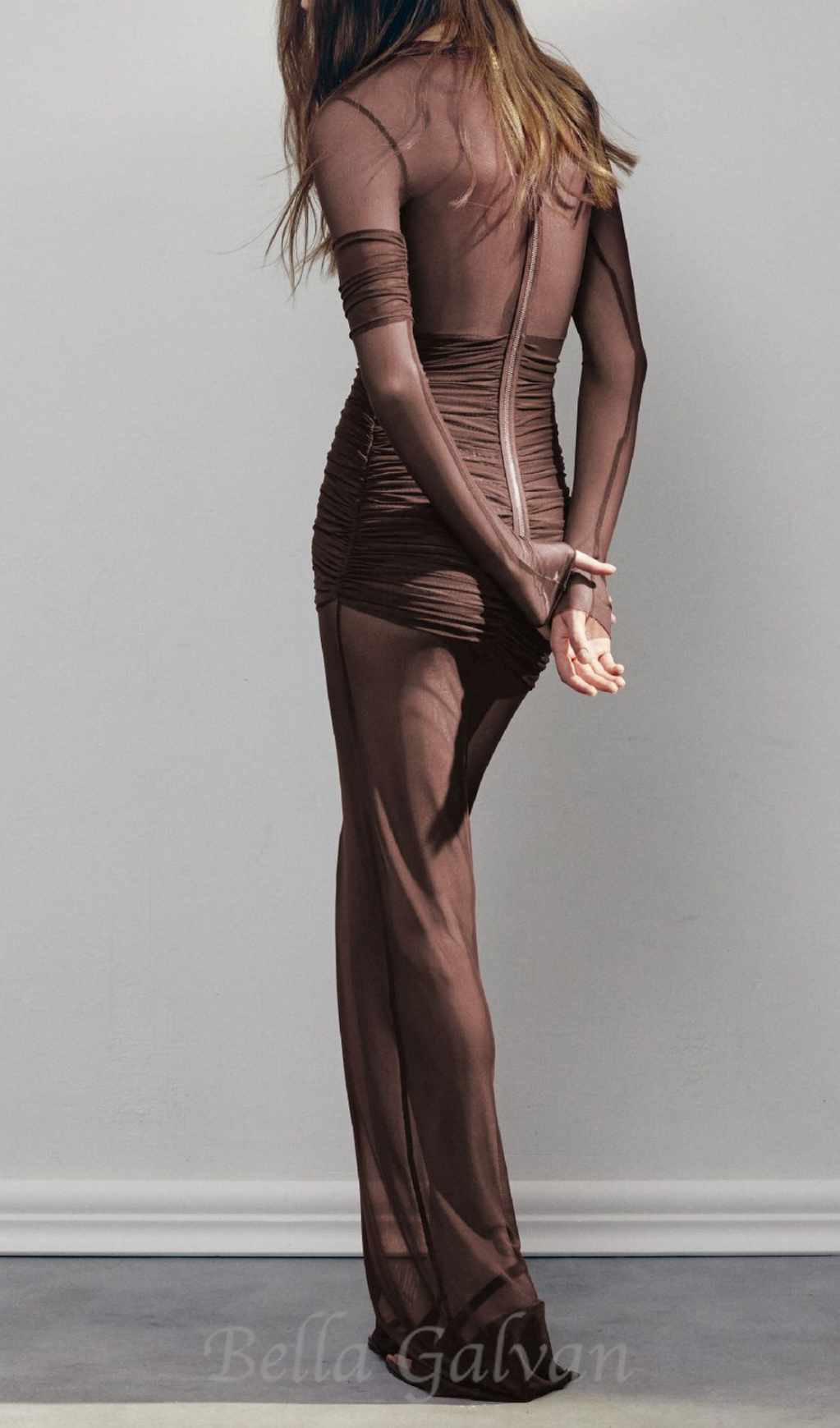 long sleeve mesh insert draped maxi dress Flowering Girl