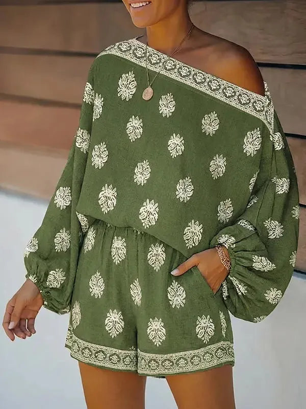 Baroque Print Off-Shoulder Lantern Sleeve Shorts Jumpsuit Flowering Girl