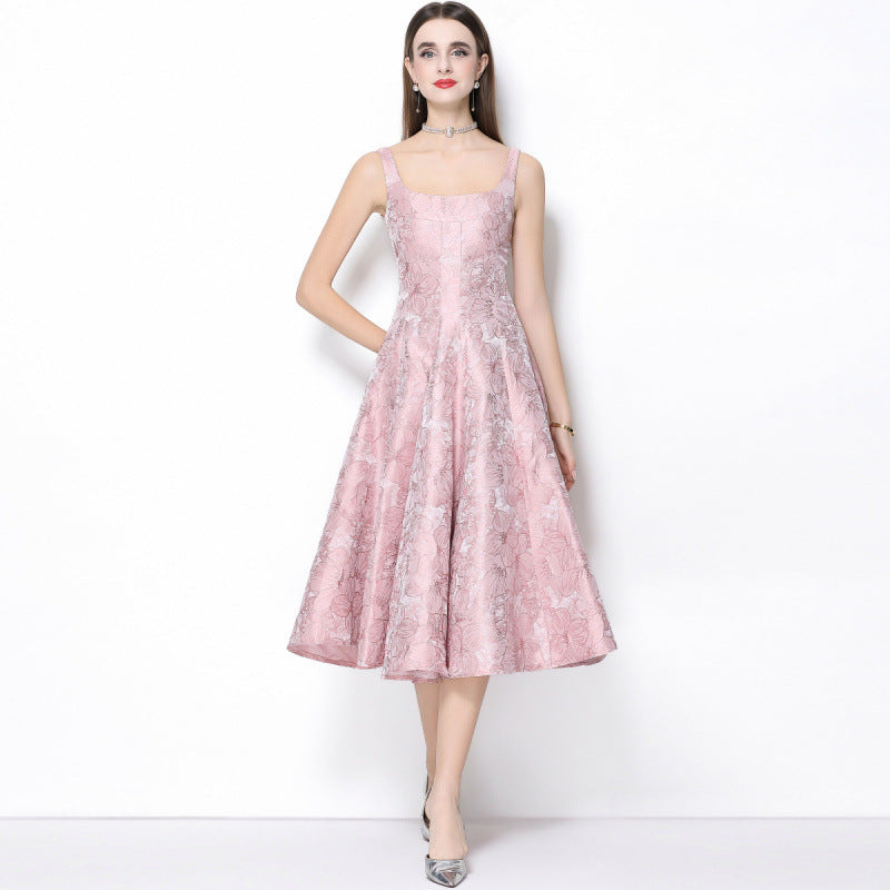 Beverly Vintage Jacquard Slip Midi Dress In Pink Flowering Girl