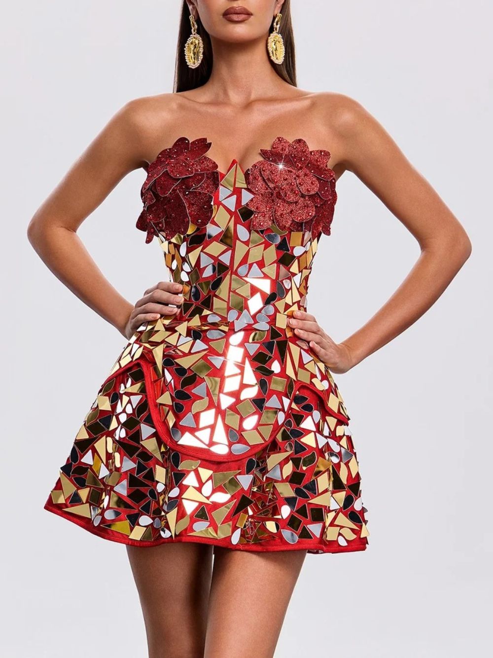 Hatsuko Strapless Acrylic Flower Mini Dress Flowering Girl