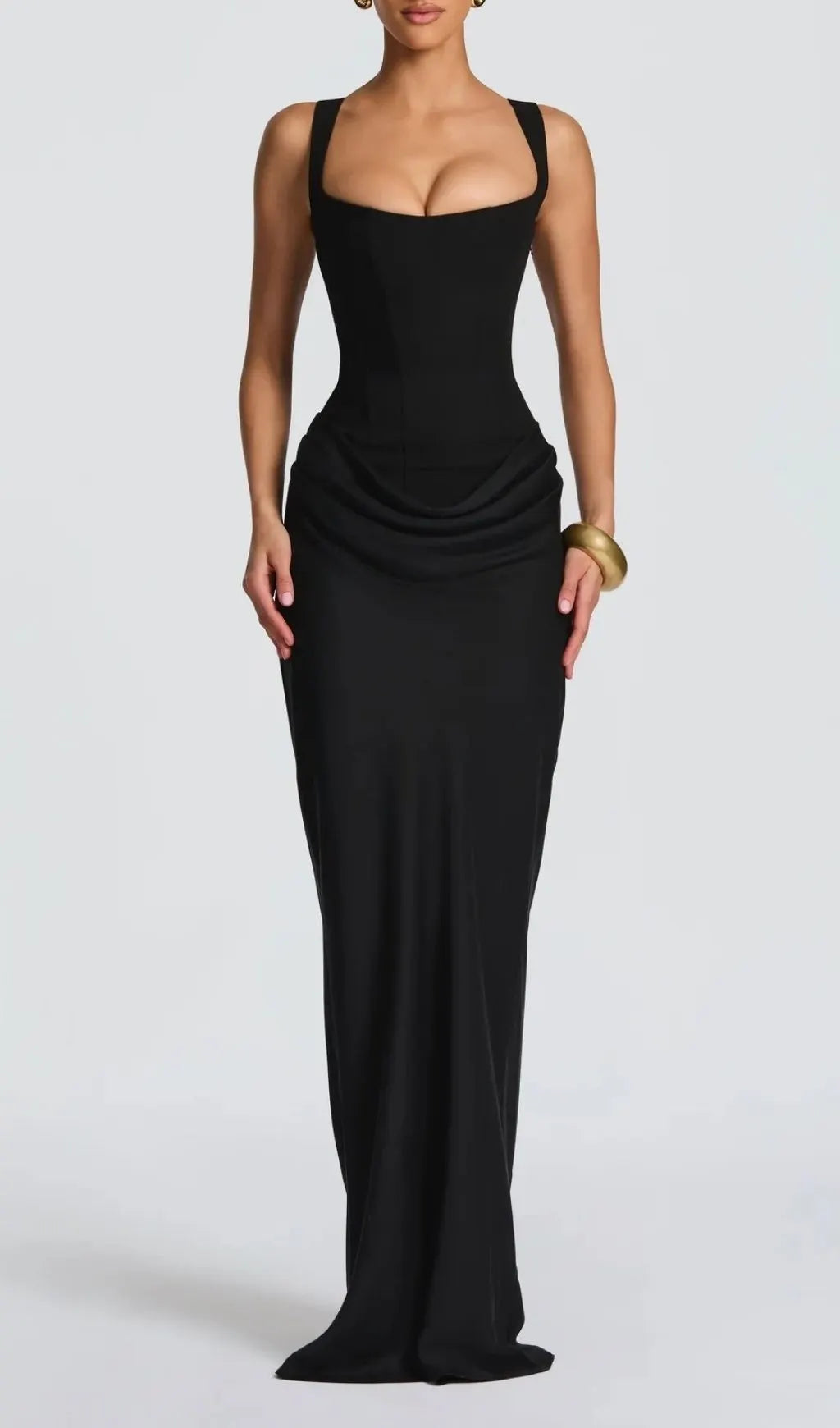 Keelia Black Strappy Corset Ruched Maxi Dress Flowering Girl