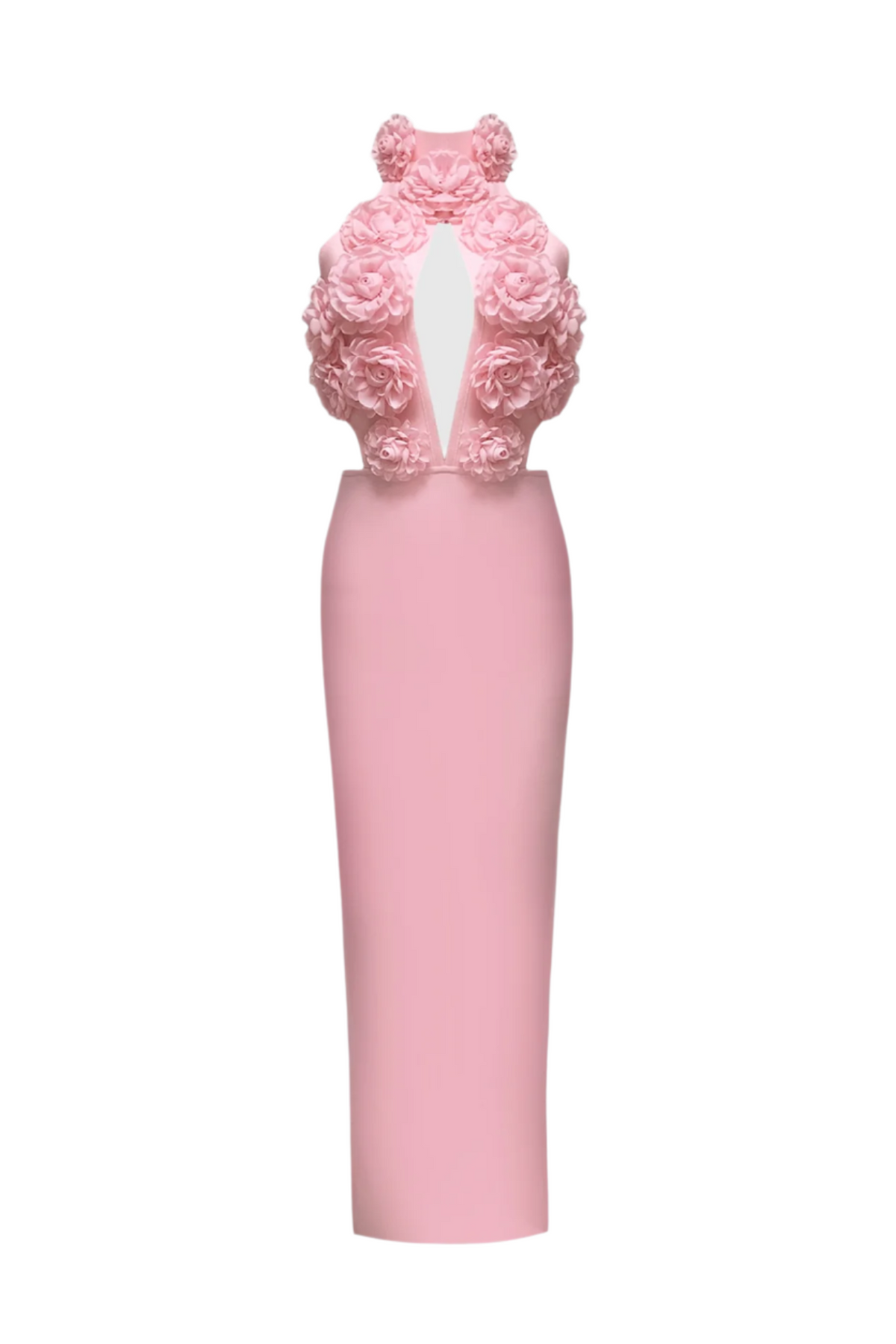 Datherine Floral Appliqué Halter Maxi Bandage Dress - Pink Flowering Girl
