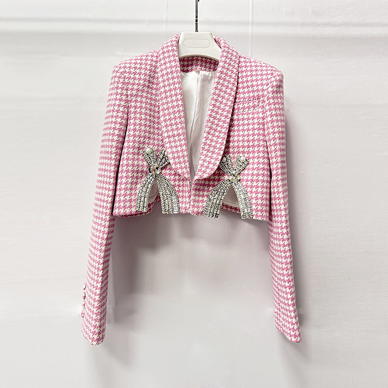 Helen Embellished Checked Wool-Blend Blazer Set In Pink Flowering Girl