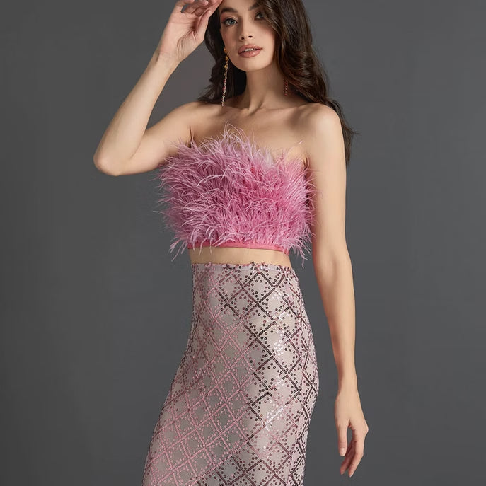 Audrey Pink Feather Top Sequin Midi Skirt Set Flowering Girl
