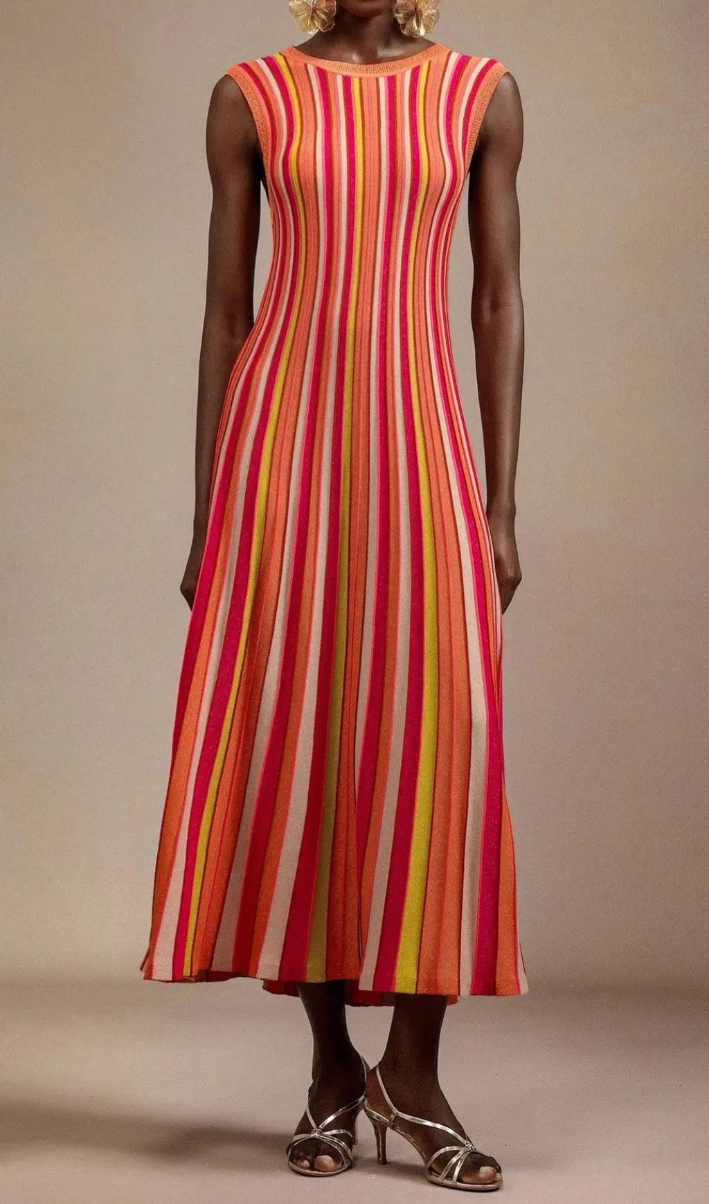 Malyxa Sleeveless Stripe Knit Midi Dress In Orange Flowering Girl