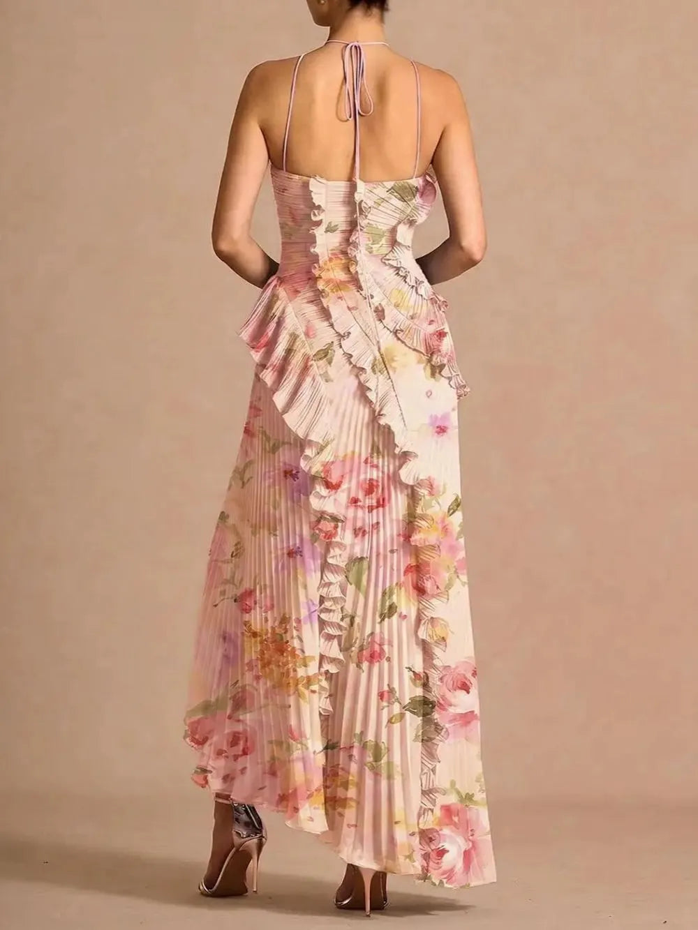 Finneas Pink Floral Halter Pleated Maxi Dress Flowering Girl