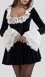 Coy Black Long Sleeve Lace Velvet Mini Dress Flowering Girl