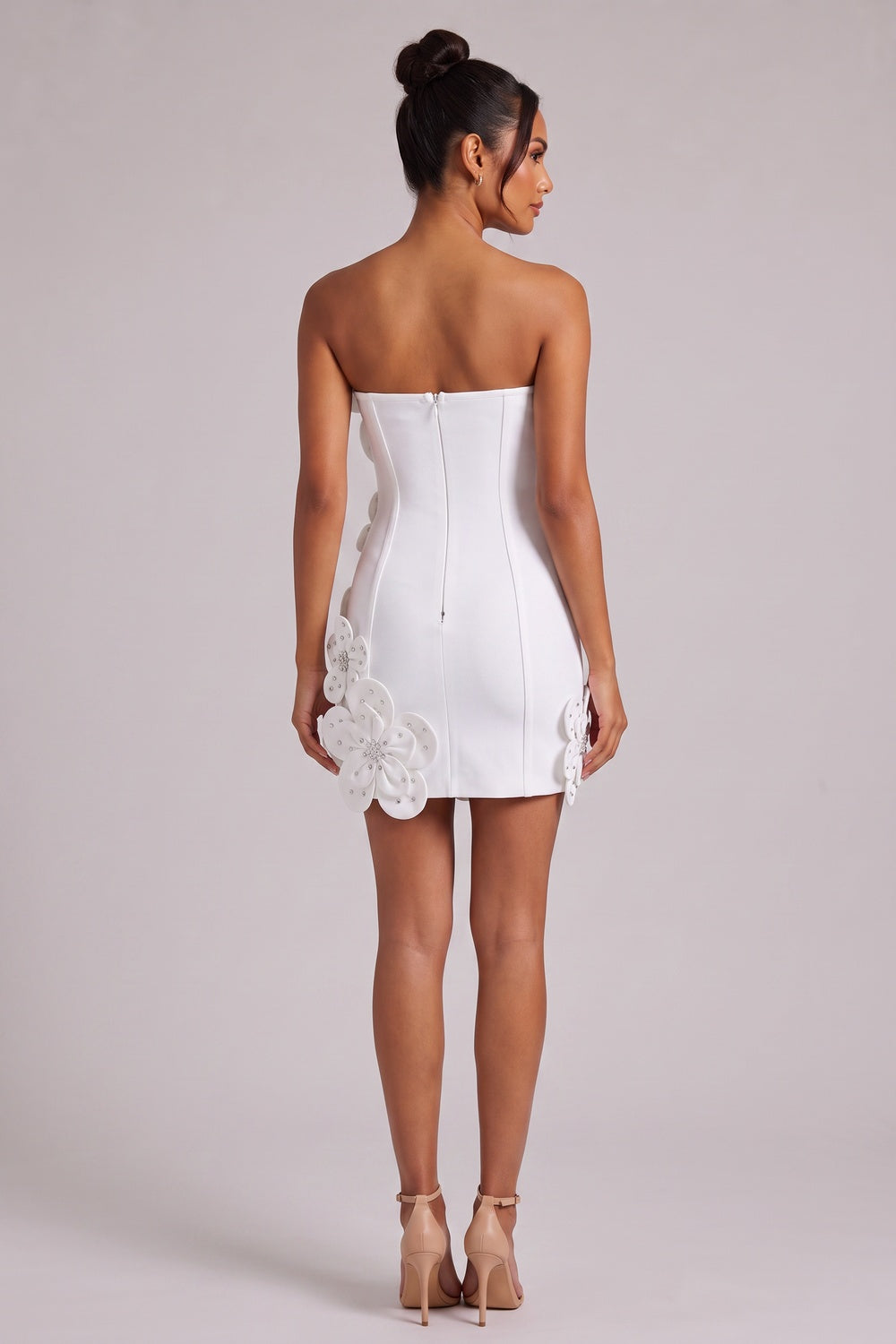White Structured Crepe 3D Floral Bodycon Mini Dress Flowering Girl