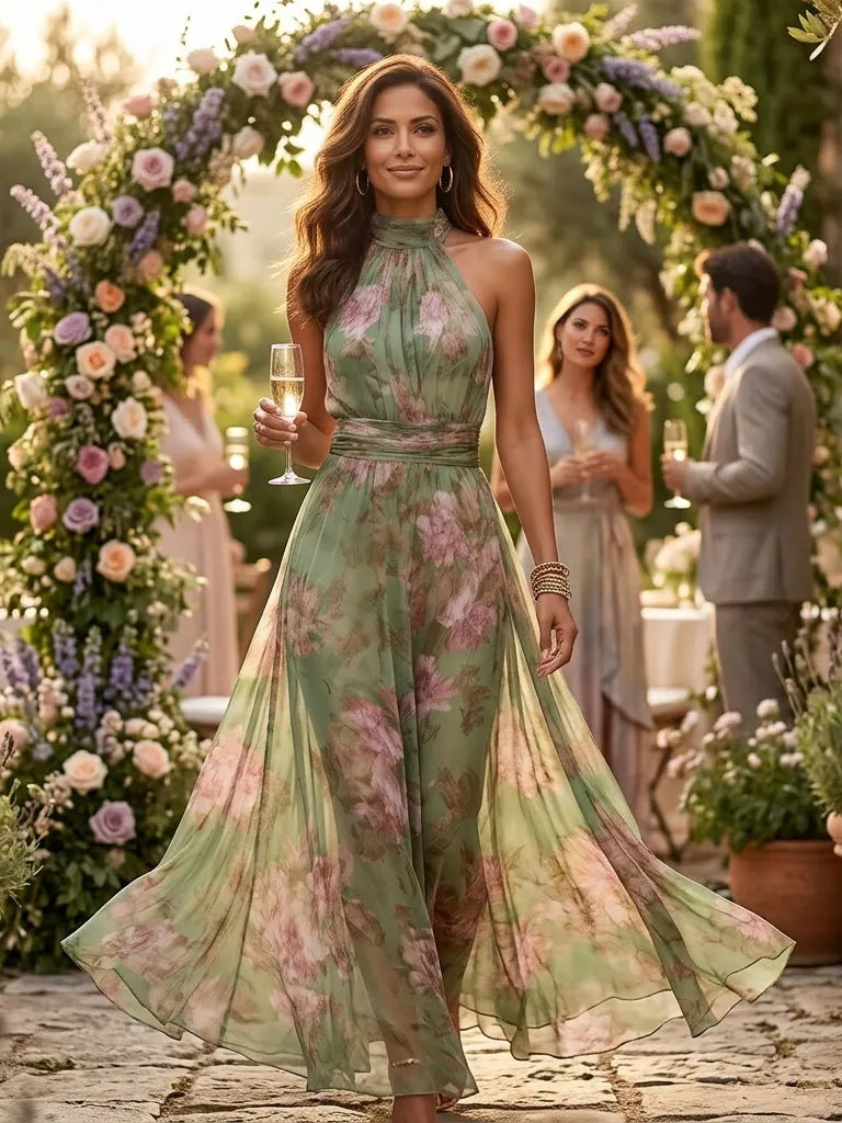 Polly Green Floral Chiffon Halter Maxi Dress Flowering Girl