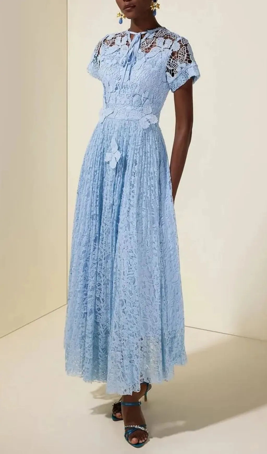 Selena Lace Butterfly Pleated Midi Dress - Blue Flowering Girl