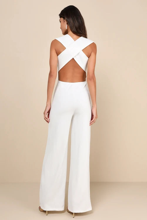 Thinking Out Loud White Backless Jumpsuit Flowering Girl