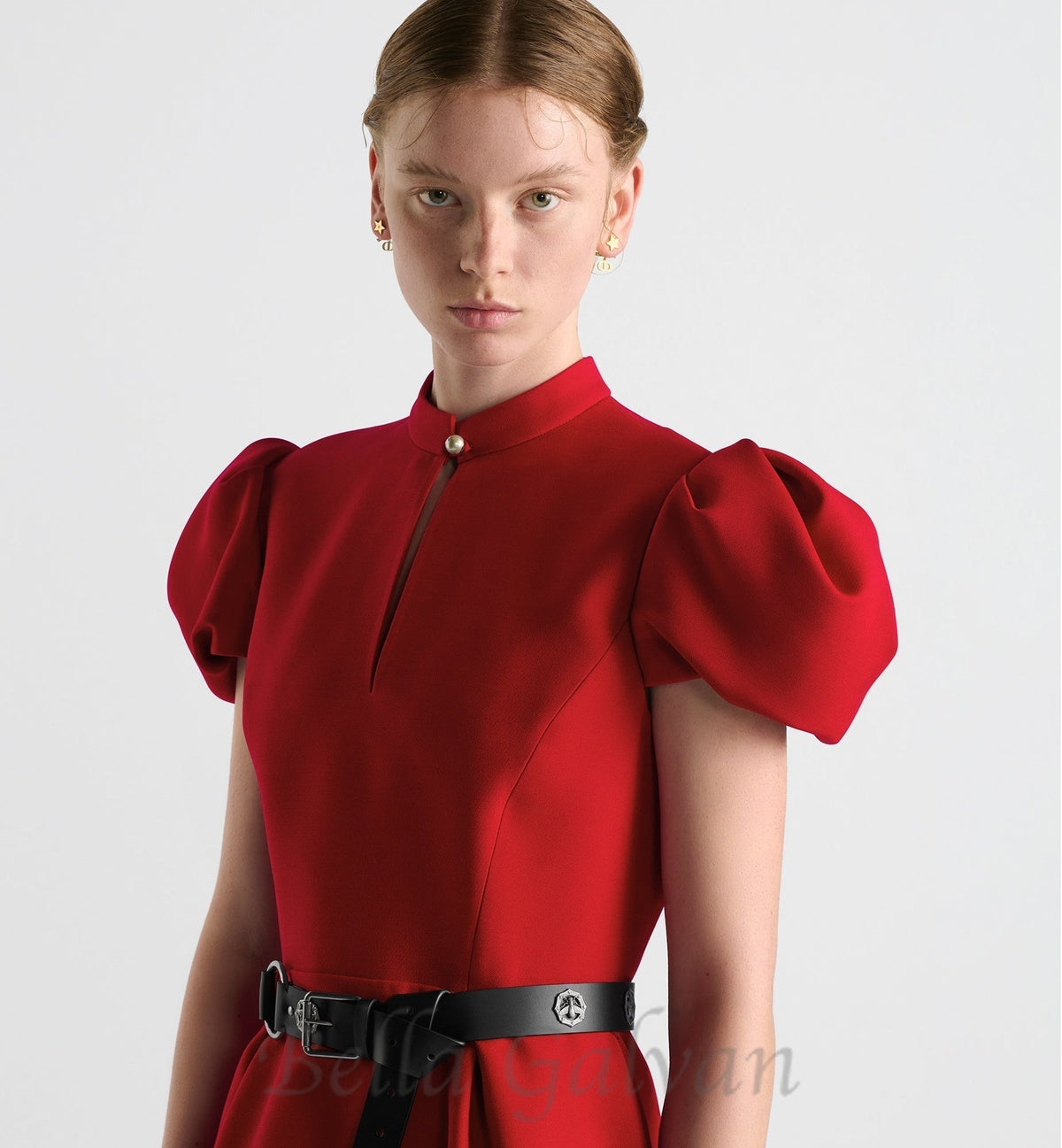 puff sleeve pleated mini dress in red (without black belt) Flowering Girl